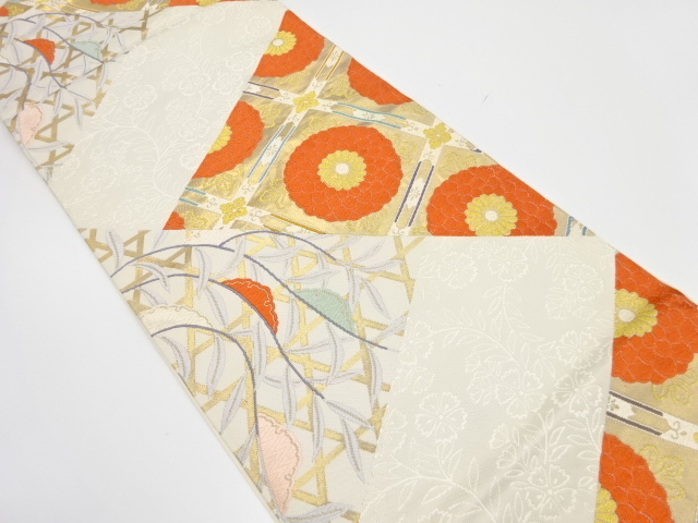 切りばめ風　菊に籠目・枝垂れ模様織り出し　袋帯